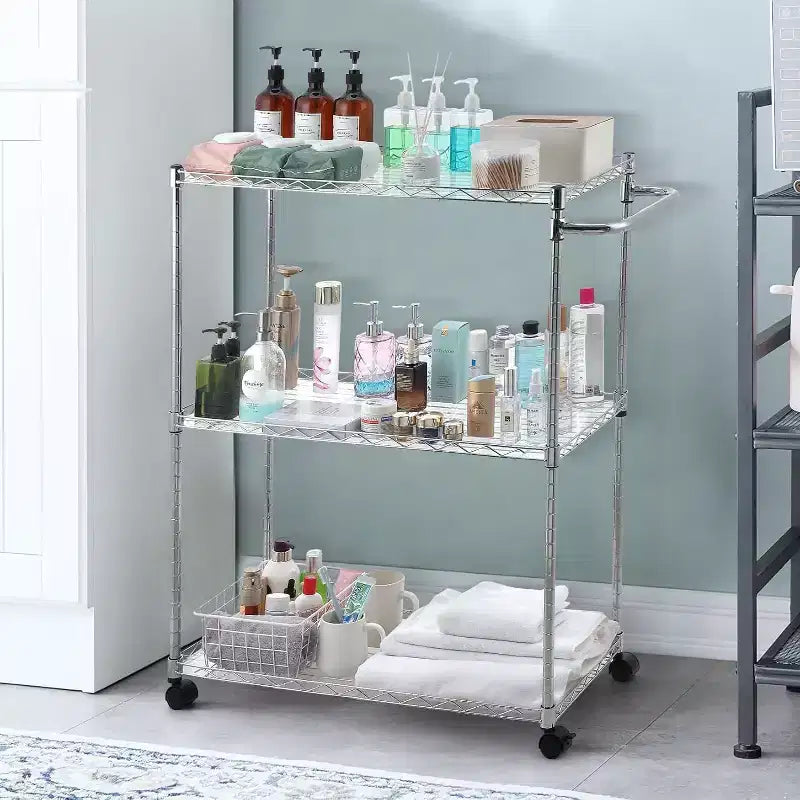 Carrello Utilità da Cucina in Acciaio, Carrello di Servizio a 3 Ripiani con Scaffale Regolabile e Maniglia