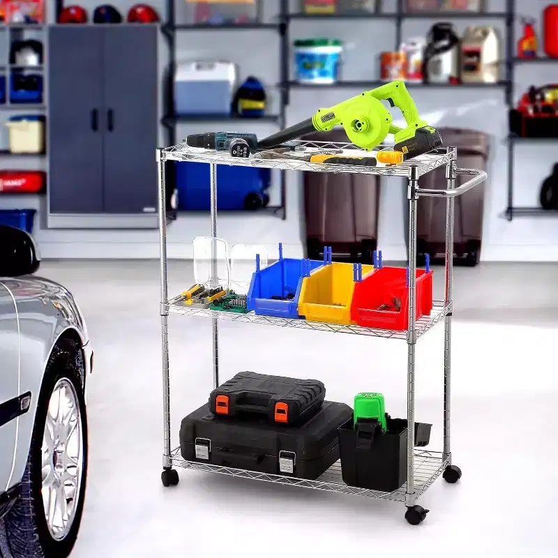 Carrello Utilità da Cucina in Acciaio, Carrello di Servizio a 3 Ripiani con Scaffale Regolabile e Maniglia