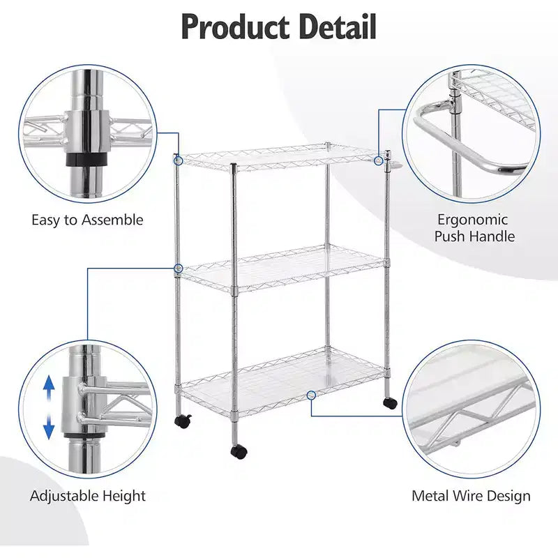 Carrello Utilità da Cucina in Acciaio, Carrello di Servizio a 3 Ripiani con Scaffale Regolabile e Maniglia