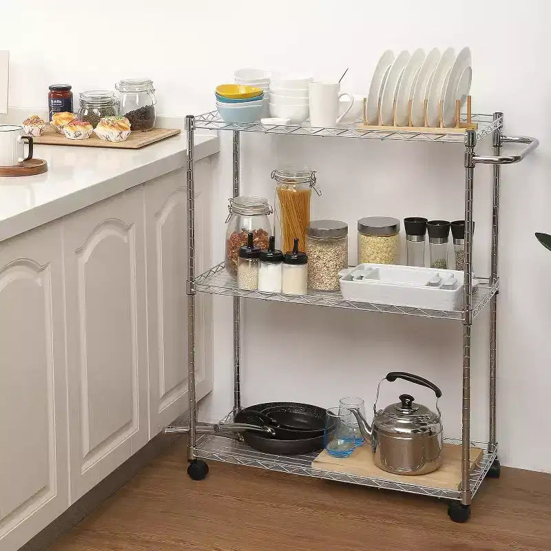Carrello Utilità da Cucina in Acciaio, Carrello di Servizio a 3 Ripiani con Scaffale Regolabile e Maniglia