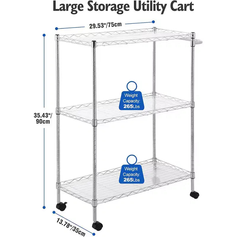 Carrello Utilità da Cucina in Acciaio, Carrello di Servizio a 3 Ripiani con Scaffale Regolabile e Maniglia