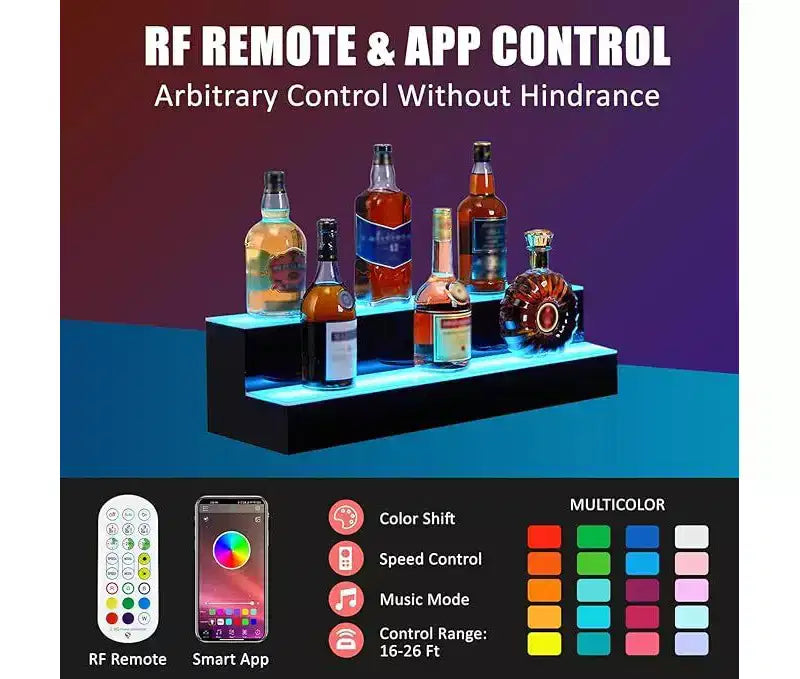 Espositore per bottiglie di liquore a LED, scaffale per bottiglie a 2 ripiani da 16 pollici con telecomando e controllo tramite app, 16 colori, 4 modalità musicali