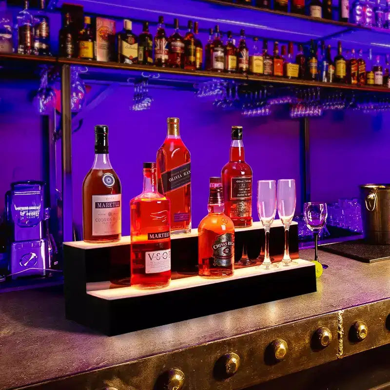Espositore per bottiglie di liquore a LED, scaffale per bottiglie a 2 ripiani da 16 pollici con telecomando e controllo tramite app, 16 colori, 4 modalità musicali