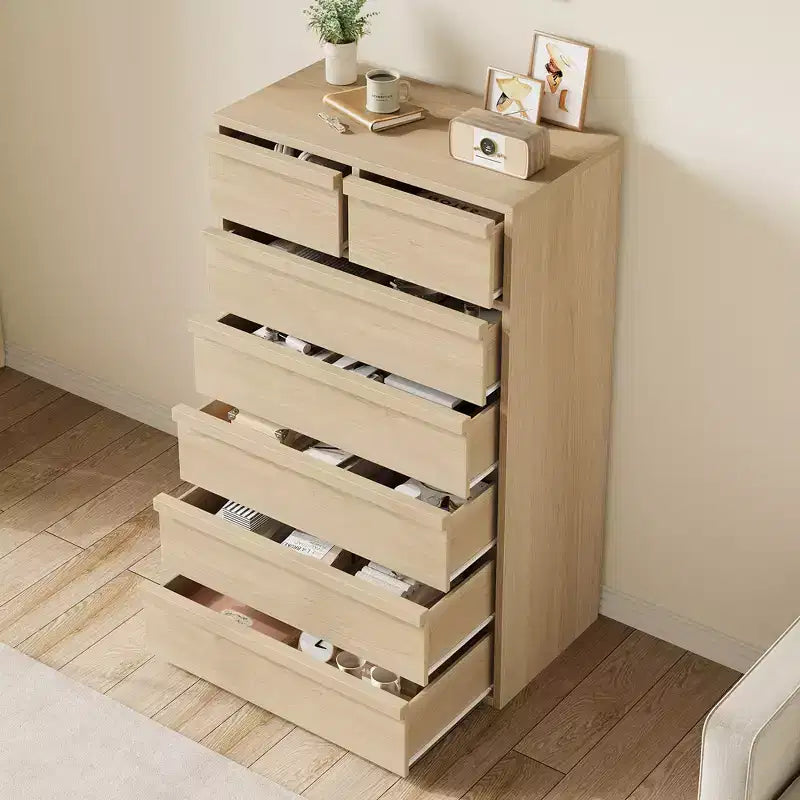 Comodino a 7 cassetti per camera da letto, cassettiera alta a 7 cassetti naturale con maniglie concave, organizer in legno per soggiorno, cameretta, ingresso