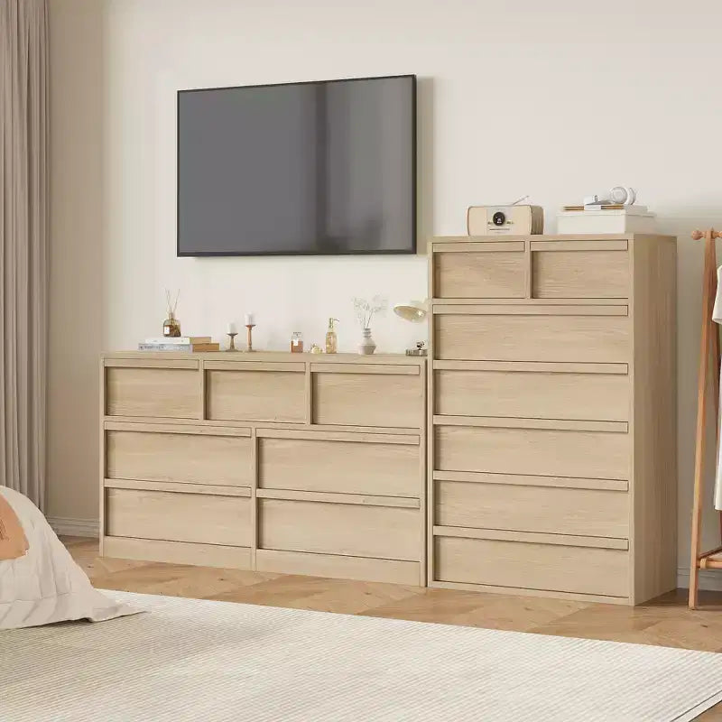Comodino a 7 cassetti per camera da letto, cassettiera alta a 7 cassetti naturale con maniglie concave, organizer in legno per soggiorno, cameretta, ingresso