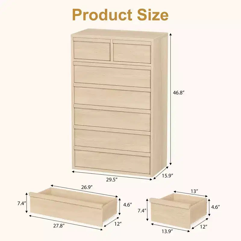 Comodino a 7 cassetti per camera da letto, cassettiera alta a 7 cassetti naturale con maniglie concave, organizer in legno per soggiorno, cameretta, ingresso