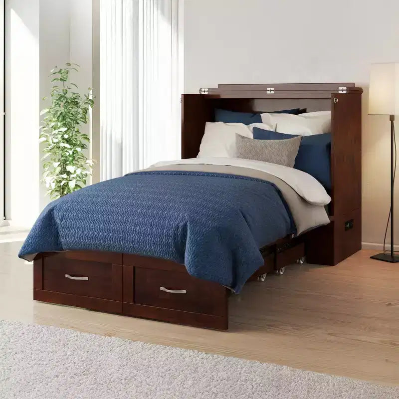 Letto a scomparsa Hamilton Twin XL con materasso da 6 pollici, cassetto portaoggetti e caricatore USB integrato, noce