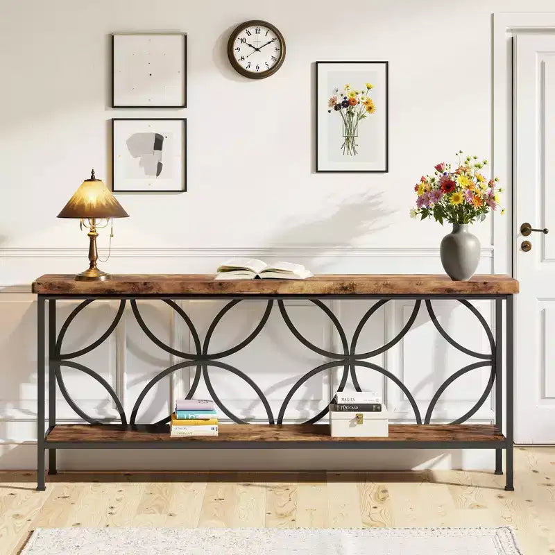 MAYEERTY 2-Tier Console Table High-Grade Particle Board Steel 198Lbs Capacity Adjustable Foot Pads