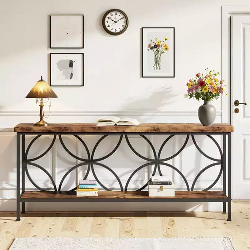 MAYEERTY 2-Tier Console Table High-Grade Particle Board Steel 198Lbs Capacity Adjustable Foot Pads