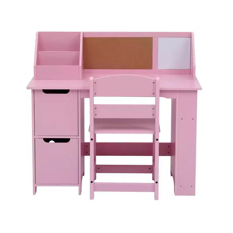 Scrivania e sedia per bambini con libreria e bacheca - Tavolo da scrittura bianco, armadietti, per età 3-8