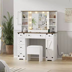 Makeup Vanity and Stool, Vanity Desk with Lights in 3 Colors, White Vanity Table with Charging Station, 6 Drawers and Cabinets