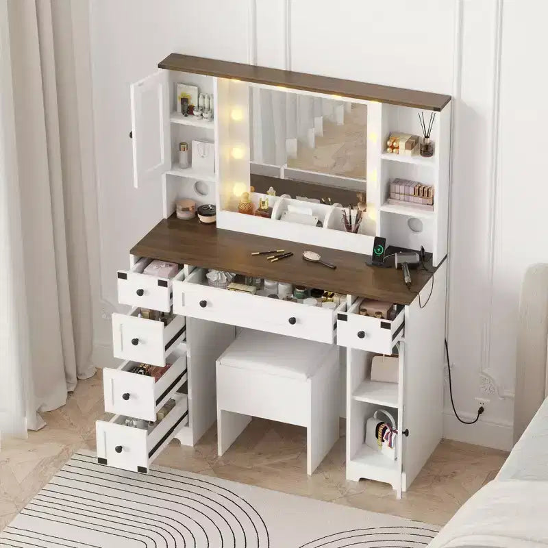 Mobile da Trucco e Sgabello, Scrivania da Trucco con Luci a 3 Colori, Tavolo da Trucco Bianco con Stazione di Ricarica, 6 Cassetti e Armadietti