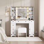 Mobile da Trucco e Sgabello, Scrivania da Trucco con Luci a 3 Colori, Tavolo da Trucco Bianco con Stazione di Ricarica, 6 Cassetti e Armadietti