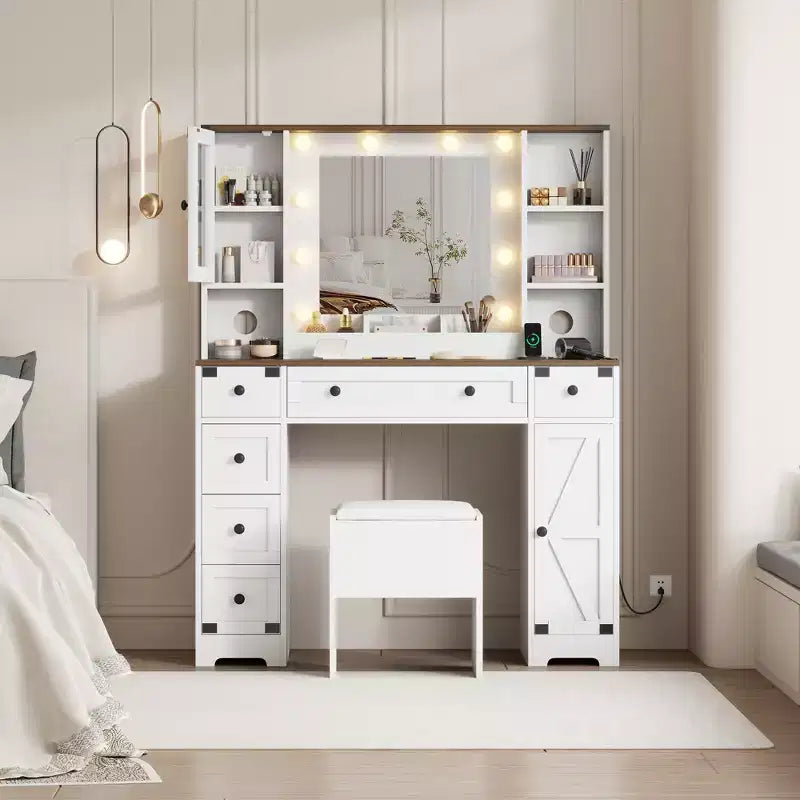 Mobile da Trucco e Sgabello, Scrivania da Trucco con Luci a 3 Colori, Tavolo da Trucco Bianco con Stazione di Ricarica, 6 Cassetti e Armadietti