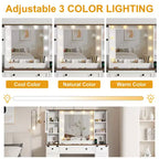 Mobile da Trucco e Sgabello, Scrivania da Trucco con Luci a 3 Colori, Tavolo da Trucco Bianco con Stazione di Ricarica, 6 Cassetti e Armadietti
