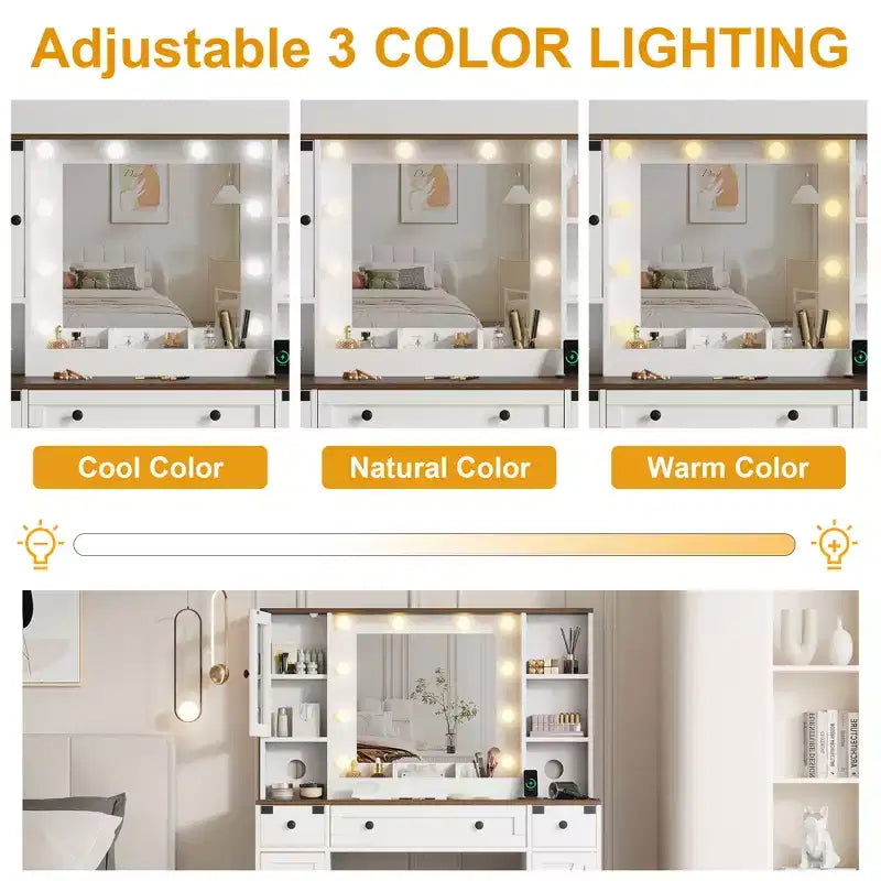 Mobile da Trucco e Sgabello, Scrivania da Trucco con Luci a 3 Colori, Tavolo da Trucco Bianco con Stazione di Ricarica, 6 Cassetti e Armadietti