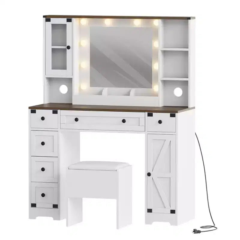 Mobile da Trucco e Sgabello, Scrivania da Trucco con Luci a 3 Colori, Tavolo da Trucco Bianco con Stazione di Ricarica, 6 Cassetti e Armadietti