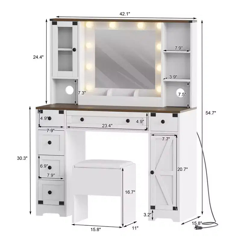 Mobile da Trucco e Sgabello, Scrivania da Trucco con Luci a 3 Colori, Tavolo da Trucco Bianco con Stazione di Ricarica, 6 Cassetti e Armadietti