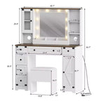 Mobile da Trucco e Sgabello, Scrivania da Trucco con Luci a 3 Colori, Tavolo da Trucco Bianco con Stazione di Ricarica, 6 Cassetti e Armadietti