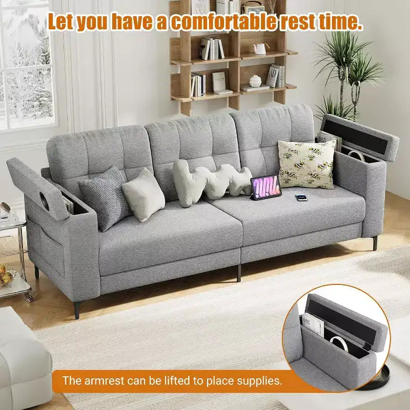 Divano Letto Moderno da 83 pollici, Divano a 3 posti con Braccioli Contenitore e Tasche Laterali, Divano Moderno in Tessuto Teddy, per Soggiorno e Camera da Letto
