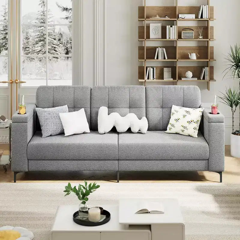 Divano Letto Moderno da 83 pollici, Divano a 3 posti con Braccioli Contenitore e Tasche Laterali, Divano Moderno in Tessuto Teddy, per Soggiorno e Camera da Letto