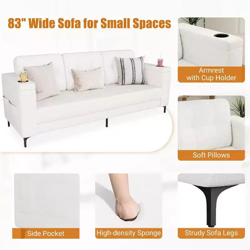 Divano Letto Moderno da 83 pollici, Divano a 3 posti con Braccioli Contenitore e Tasche Laterali, Divano Moderno in Tessuto Teddy, per Soggiorno e Camera da Letto