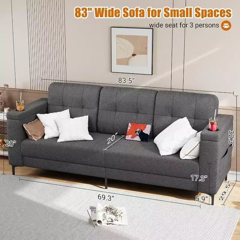Divano Letto Moderno da 83 pollici, Divano a 3 posti con Braccioli Contenitore e Tasche Laterali, Divano Moderno in Tessuto Teddy, per Soggiorno e Camera da Letto