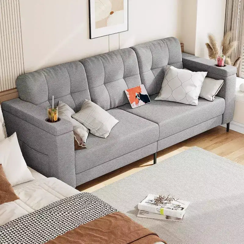 Divano Letto Moderno da 83 pollici, Divano a 3 posti con Braccioli Contenitore e Tasche Laterali, Divano Moderno in Tessuto Teddy, per Soggiorno e Camera da Letto