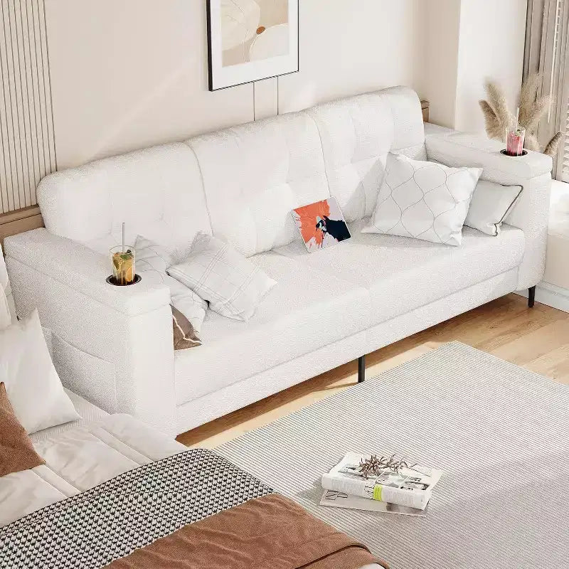 Divano Letto Moderno da 83 pollici, Divano a 3 posti con Braccioli Contenitore e Tasche Laterali, Divano Moderno in Tessuto Teddy, per Soggiorno e Camera da Letto