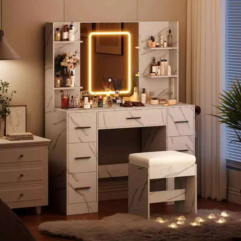 Toeletta da trucco, Mobile da trucco con specchio e sedia, Porta asciugacapelli, 3 modalità di illuminazione con luminosità regolabile