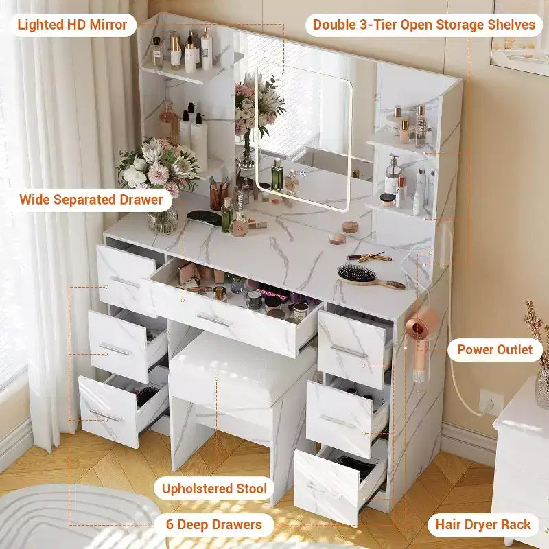 Toeletta da trucco, Mobile da trucco con specchio e sedia, Porta asciugacapelli, 3 modalità di illuminazione con luminosità regolabile