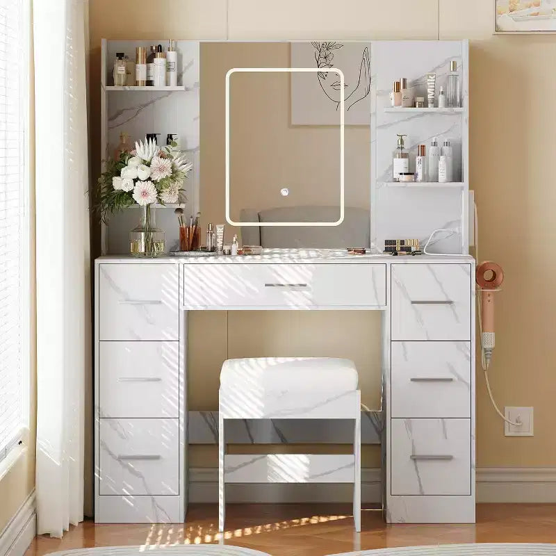 Toeletta da trucco, Mobile da trucco con specchio e sedia, Porta asciugacapelli, 3 modalità di illuminazione con luminosità regolabile