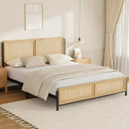 Boho Wooden Full/Queen/King Size Bed Frame with Natural Rattan Headboard and Footboard, No Box Spring Needed, Noise-Free Easy Assemble Metal Bedframe