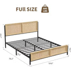 Struttura Letto Matrimoniale/King Size in Legno Boho con Testiera e Pediera in Rattan Naturale, Nessuna Rete a Molle Necessaria, Telaio in Metallo Silenzioso e Facile da Montare