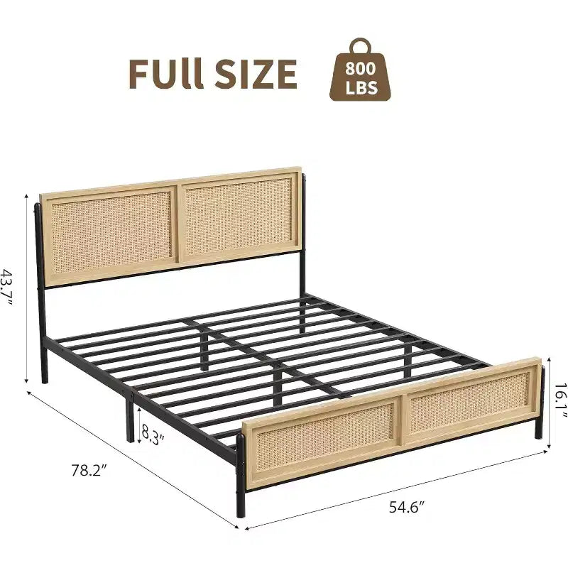 Struttura Letto Matrimoniale/King Size in Legno Boho con Testiera e Pediera in Rattan Naturale, Nessuna Rete a Molle Necessaria, Telaio in Metallo Silenzioso e Facile da Montare