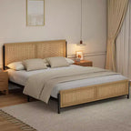 Struttura Letto Matrimoniale/King Size in Legno Boho con Testiera e Pediera in Rattan Naturale, Nessuna Rete a Molle Necessaria, Telaio in Metallo Silenzioso e Facile da Montare
