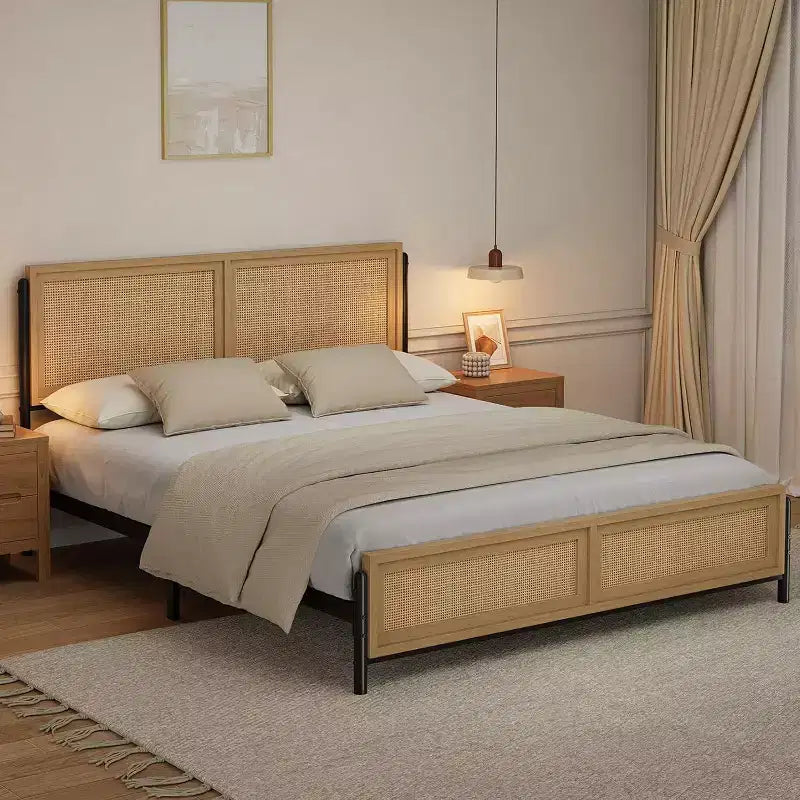 Struttura Letto Matrimoniale/King Size in Legno Boho con Testiera e Pediera in Rattan Naturale, Nessuna Rete a Molle Necessaria, Telaio in Metallo Silenzioso e Facile da Montare