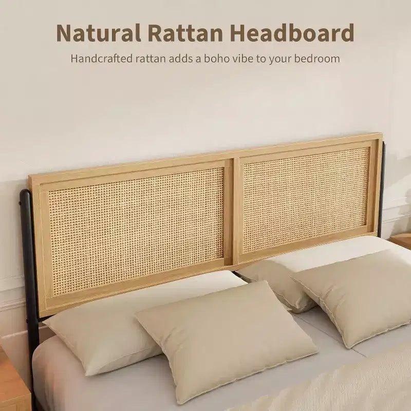 Struttura Letto Matrimoniale/King Size in Legno Boho con Testiera e Pediera in Rattan Naturale, Nessuna Rete a Molle Necessaria, Telaio in Metallo Silenzioso e Facile da Montare
