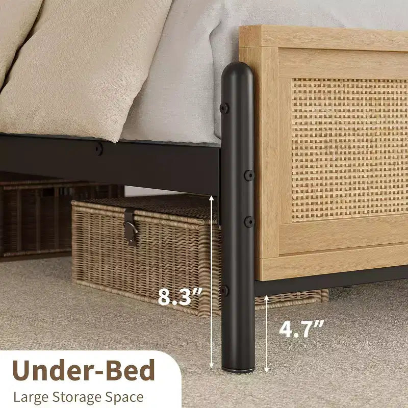 Struttura Letto Matrimoniale/King Size in Legno Boho con Testiera e Pediera in Rattan Naturale, Nessuna Rete a Molle Necessaria, Telaio in Metallo Silenzioso e Facile da Montare