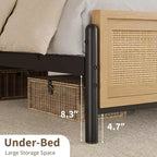Struttura Letto Matrimoniale/King Size in Legno Boho con Testiera e Pediera in Rattan Naturale, Nessuna Rete a Molle Necessaria, Telaio in Metallo Silenzioso e Facile da Montare