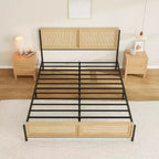 Struttura Letto Matrimoniale/King Size in Legno Boho con Testiera e Pediera in Rattan Naturale, Nessuna Rete a Molle Necessaria, Telaio in Metallo Silenzioso e Facile da Montare