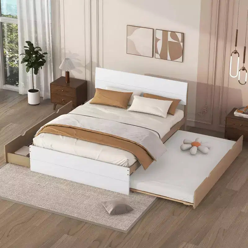 Base letto a piattaforma Twin/Full con letto estraibile Twin / 2 cassetti, Bianco/Quercia chiara