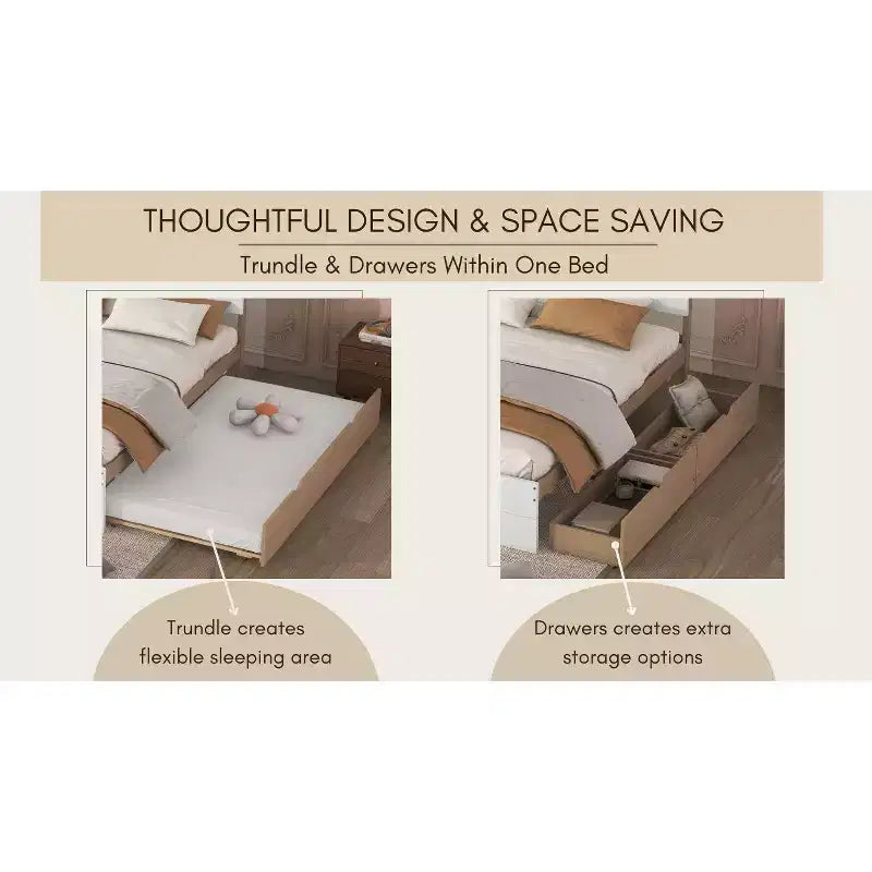 Base letto a piattaforma Twin/Full con letto estraibile Twin / 2 cassetti, Bianco/Quercia chiara