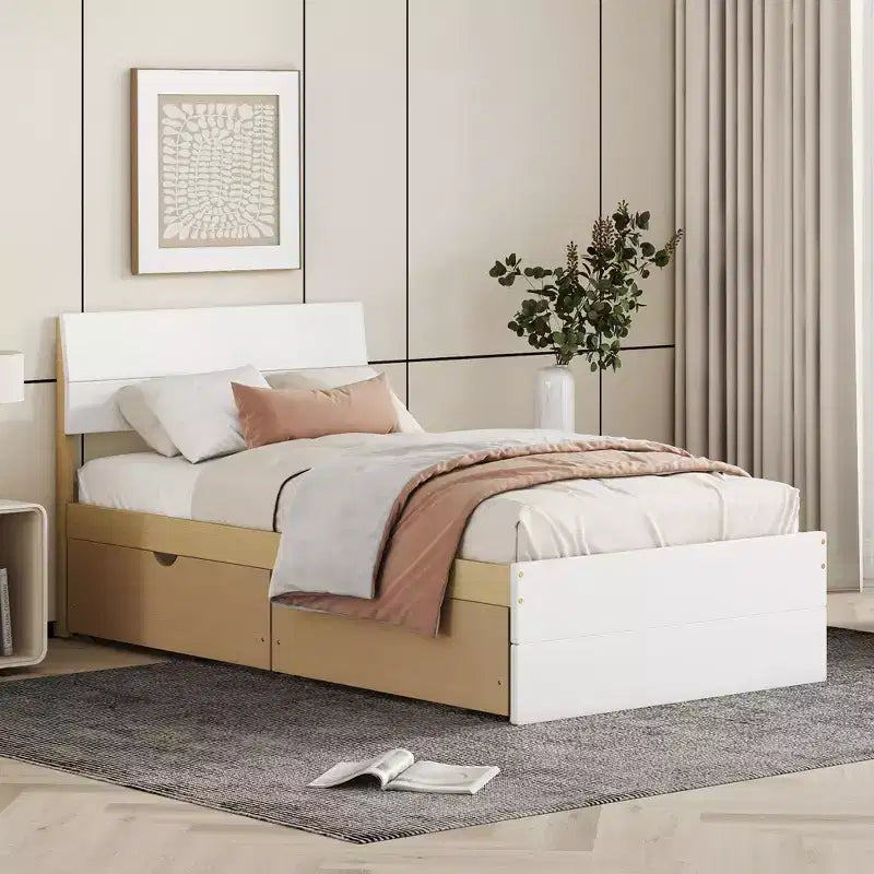 Base letto a piattaforma Twin/Full con letto estraibile Twin / 2 cassetti, Bianco/Quercia chiara