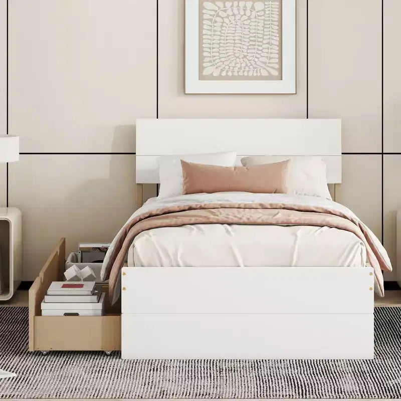 Base letto a piattaforma Twin/Full con letto estraibile Twin / 2 cassetti, Bianco/Quercia chiara