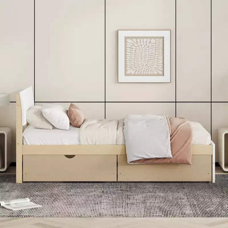 Base letto a piattaforma Twin/Full con letto estraibile Twin / 2 cassetti, Bianco/Quercia chiara