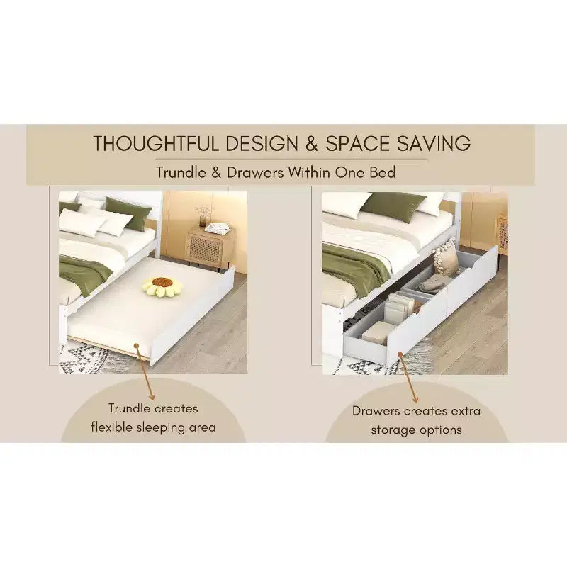 Base letto a piattaforma Twin/Full con letto estraibile Twin / 2 cassetti, Bianco/Quercia chiara