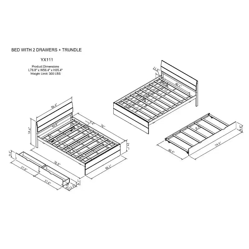 Base letto a piattaforma Twin/Full con letto estraibile Twin / 2 cassetti, Bianco/Quercia chiara