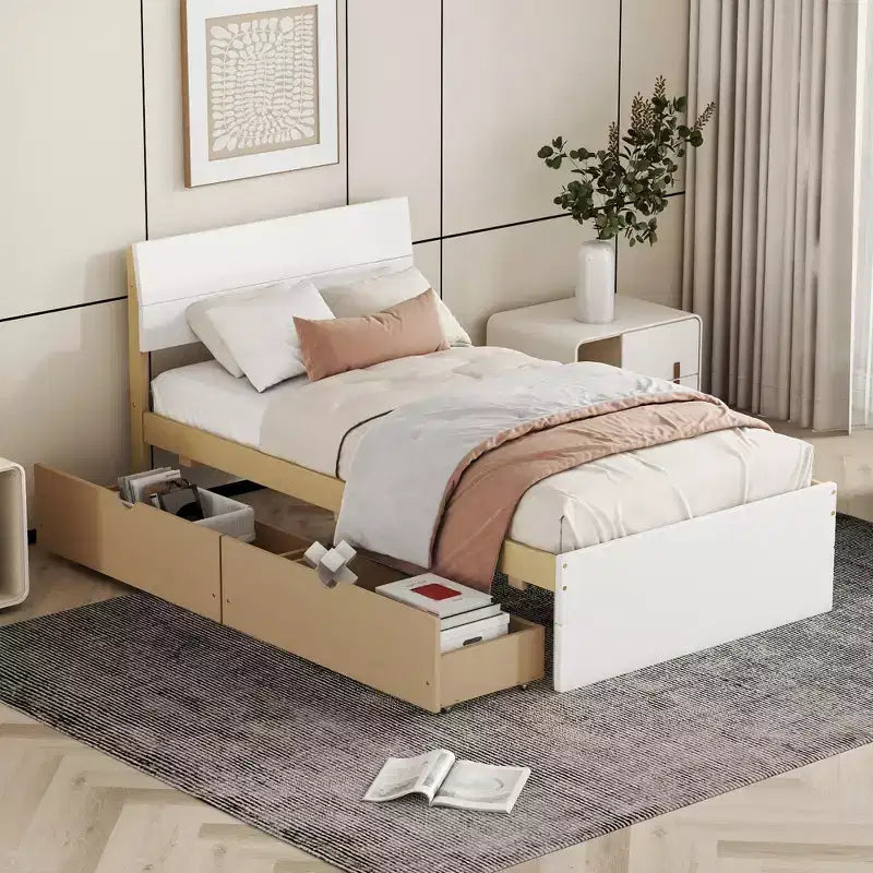Base letto a piattaforma Twin/Full con letto estraibile Twin / 2 cassetti, Bianco/Quercia chiara