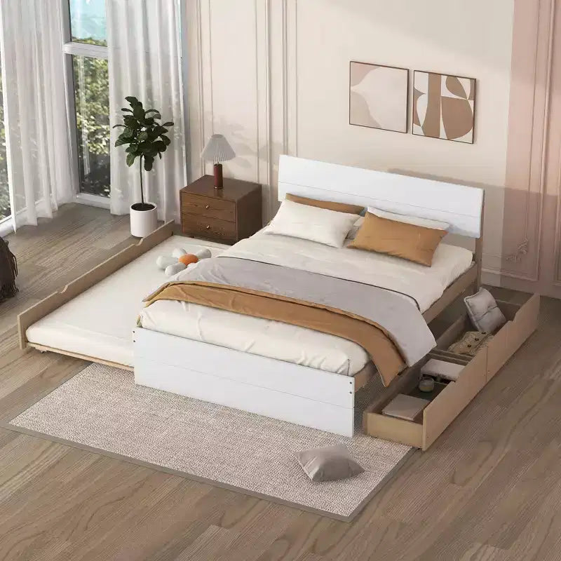 Base letto a piattaforma Twin/Full con letto estraibile Twin / 2 cassetti, Bianco/Quercia chiara